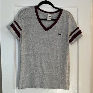 Gray V-Neck T-Shirt with Maroon Accents